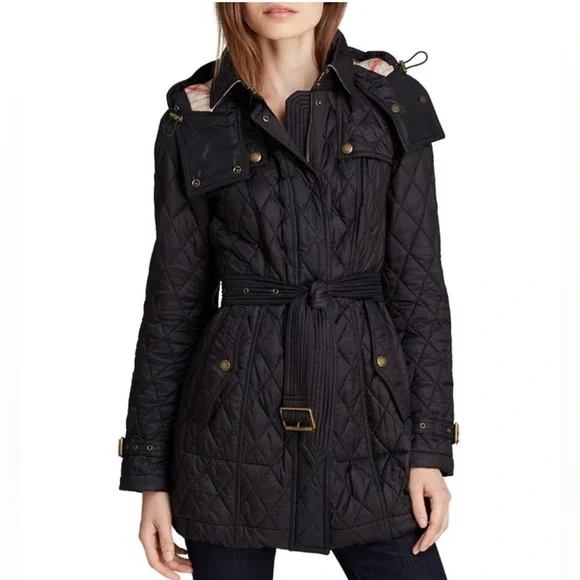 Burberry Finsbridge Black Quilted Belted Hooded Jacket Coat